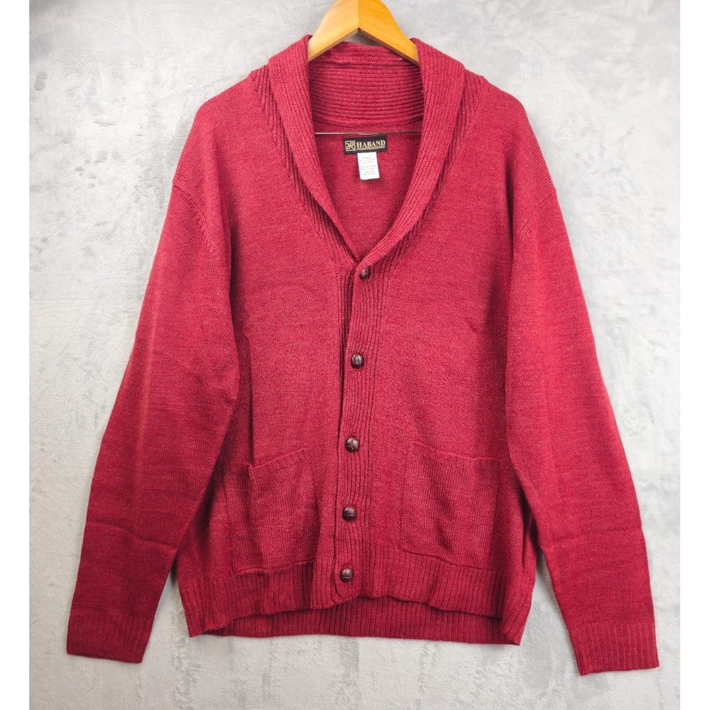 Vtg Haband Men Shawl Cardigan Sweater Red XL Elbow Patch Grandpa Acrylic Pockets